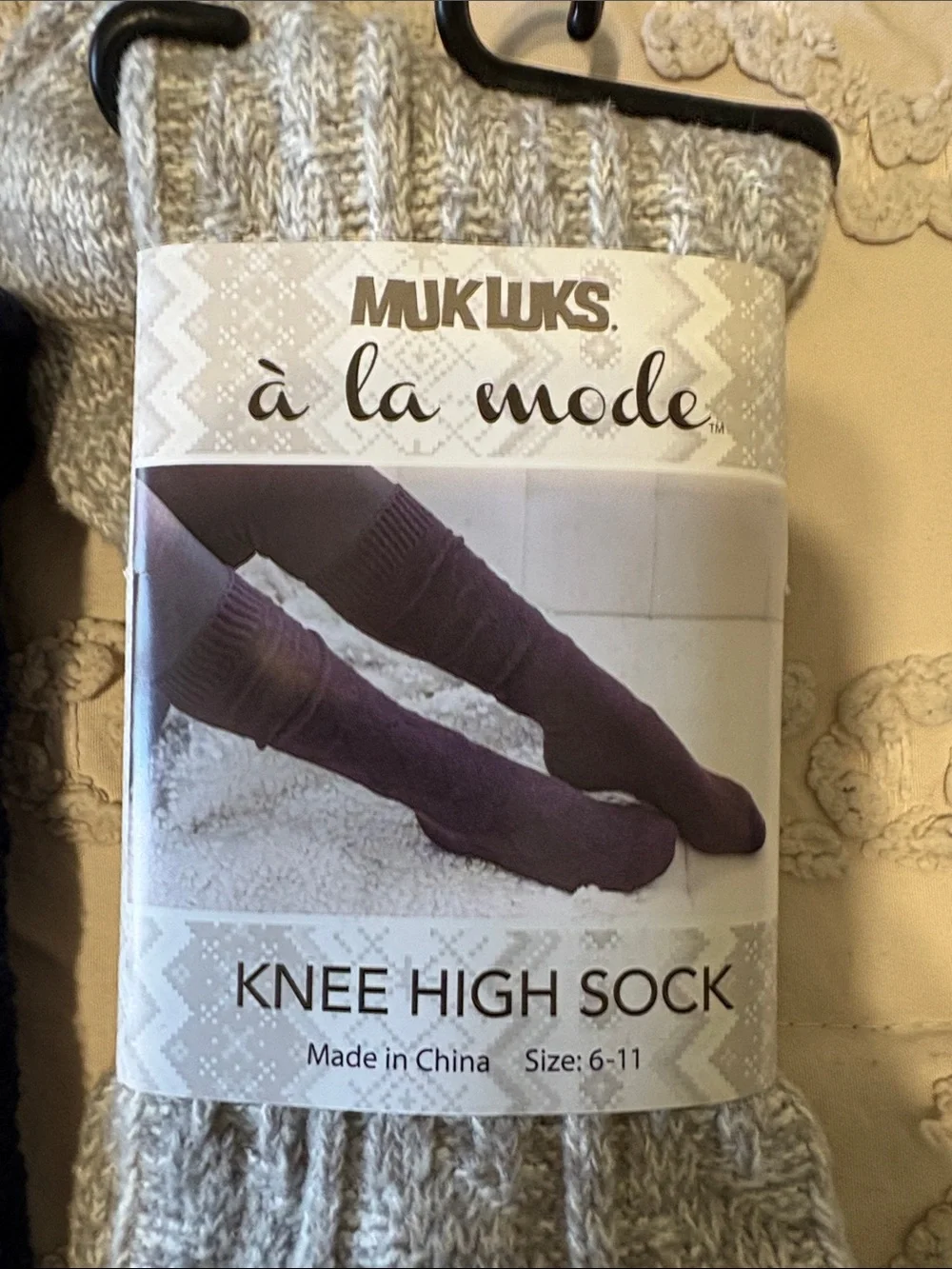 Muk Luks Knee High Socks in Navy and Light Gray